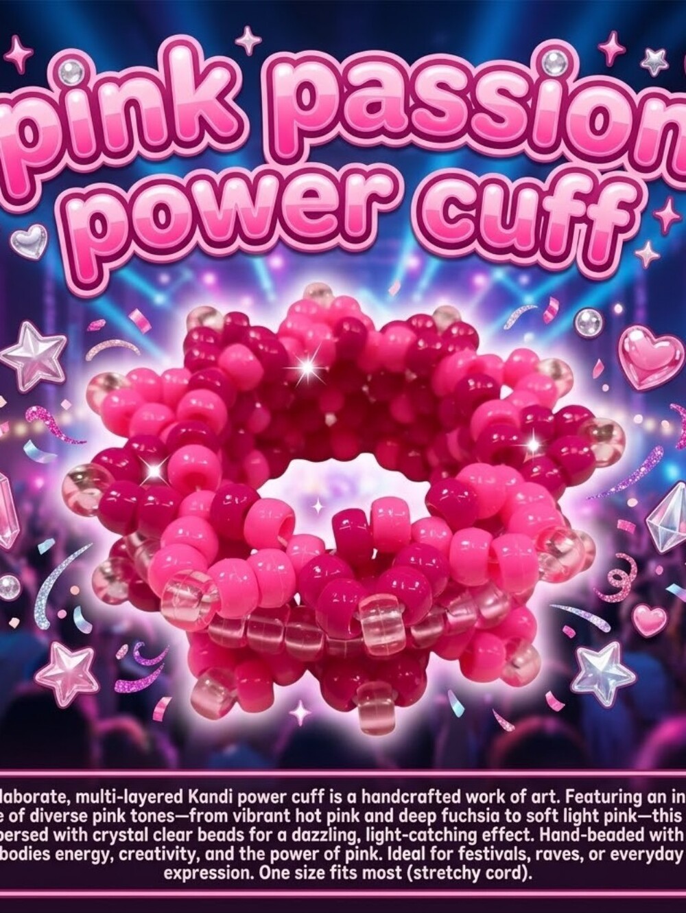 Pink Passion Power Cuff - Kandi Bracelet - EDM Rave Festival Jewelry